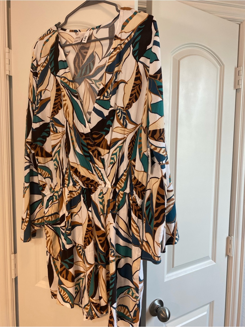 Bar III White, Teal & Brown Leaf Print Romper